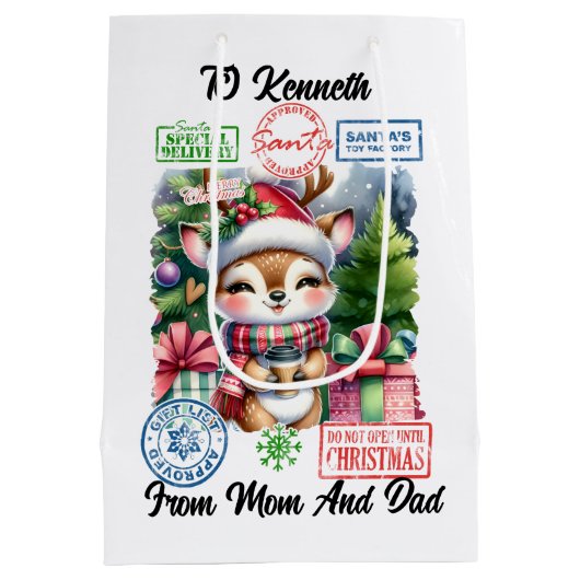 ホリデーの贈り物と喜びのトナカイ ミディアムペーパーバッグ (裏面)