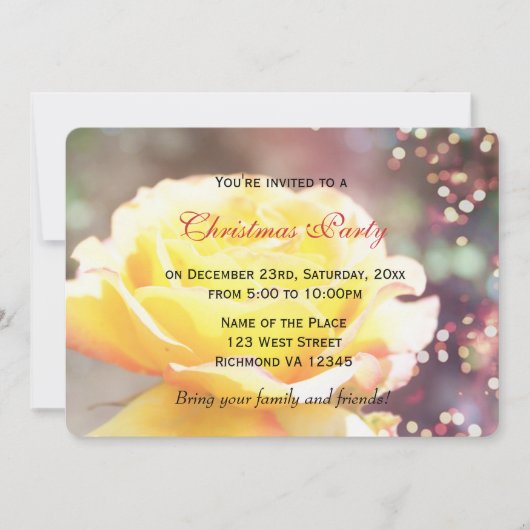ホリデーイエローローズフラワークリスマスパーティー 招待状 (正面)