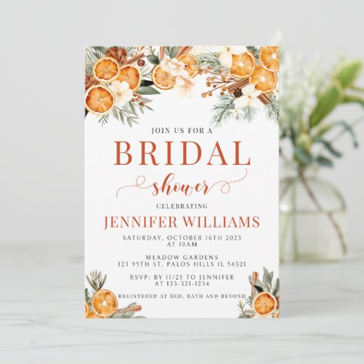 ホリデーウィンターオレンジのクリスマスブライダルシャワー 招待状 (スタンド正面)