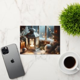 ホリデーウィンターシルバーランタン 箔グリーティングカード