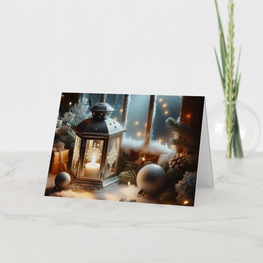 ホリデーウィンターシルバーランタン 箔グリーティングカード (正面)