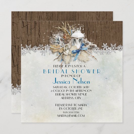 ホリデーウィンタースノーフレークブライダルシャワー 招待状 (正面/裏面)
