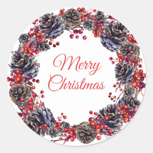 ホリデーウィンターパインコーンクリスマスリースの好意 ラウンドシール (正面)