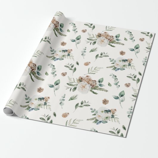 ホリデーウィンターホワイトフローラピネコーンクリスマス ラッピングペーパー (アンロールド)
