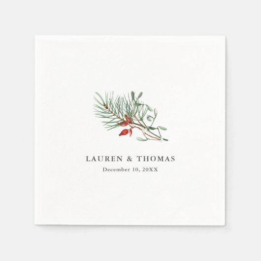 ホリデーウィンターボタニカルグリーンリーアンドベリー スタンダードカクテルナプキン (正面)
