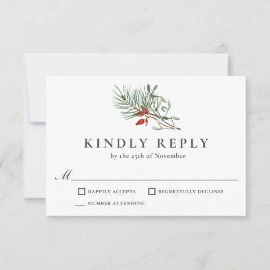 ホリデーウィンターボタニカルグリーンリーアンドベリーRSVP 出欠カード (正面)