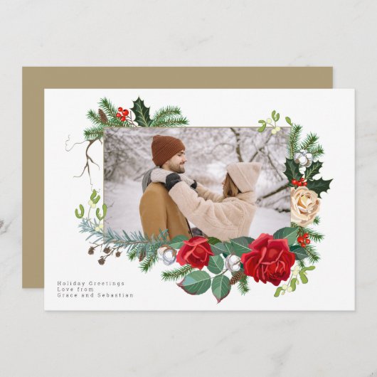 ホリデーウィンターボタニカルフォトパーソナライズされた シーズンカード (正面/裏面)