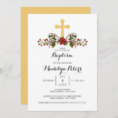 ホリデーウィンターリース金ゴールドクロスバプテスマ 招待状 (正面/裏面)