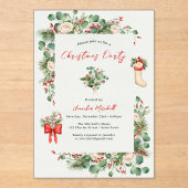 ホリデーウォーターカラーグリーナリーホリークリスマスパーティー アクリル招待状 (正面)