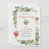 ホリデーウォーターカラーグリーナリーホリークリスマスパーティー 招待状 (正面)