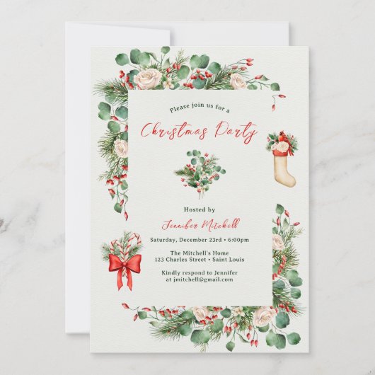 ホリデーウォーターカラーグリーナリーホリークリスマスパーティー 招待状 (正面)