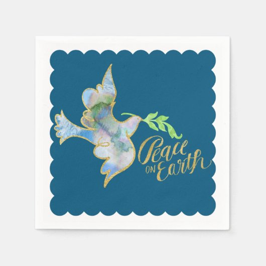 ホリデーウォーターカラードーヴ金ゴールドピースオンアース スタンダードカクテルナプキン (正面)