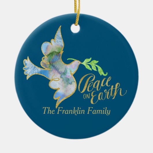 ホリデーウォーターカラードーヴ金ゴールドピースオンアース セラミックオーナメント (正面)
