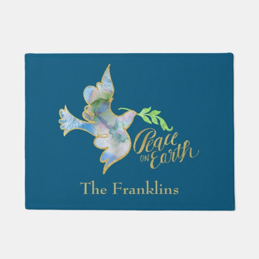 ホリデーウォーターカラードーヴ金ゴールドピースオンアース ドアマット (正面)