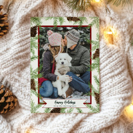 ホリデーウォーターカラーパインワンフォトポートレートカード シーズンカード