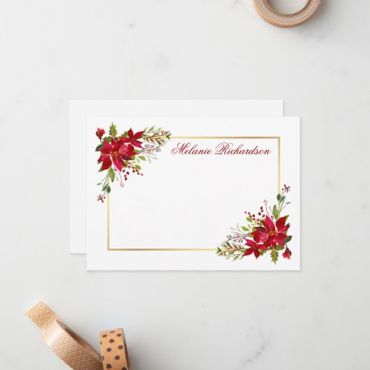 ホリデーウォーターカラーフローラポインセチア赤金ゴールド ノートカード (正面/裏面インサイチュ)