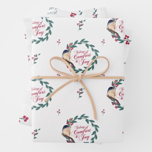 ホリデーウォーターカラーブルーバードレッドベリー&グリーン ラッピングペーパーシート (インサイチュ)