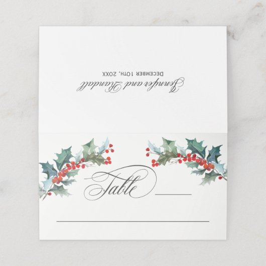 ホリデーウォーターカラーホリーとスクリプエレガントト文字 プレイスカード (外部開封)