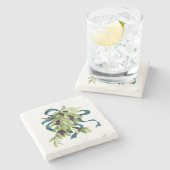 ホリデーウォーターカラーミスタントーレッドベリーティール（緑がかった色）ブルー ストーンコースター (横)