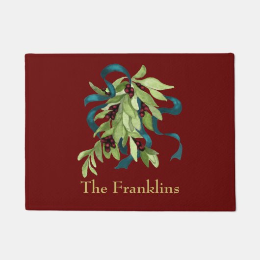 ホリデーウォーターカラーミスタントーレッドベリーティール（緑がかった色）ブルー ドアマット (正面)