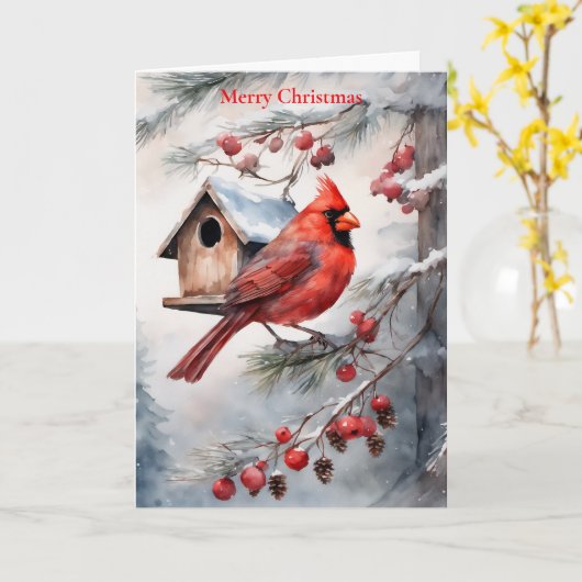 ホリデーウォーターカラー(鳥)ショウジョウコウカンチョウアンドバードハウス カード (黄色い花)