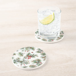 ホリデーウッドランドパイン&レッドベリーデザイン コースター
