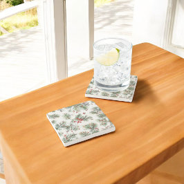 ホリデーウッドランドパイン&レッドベリーデザイン ストーンコースター