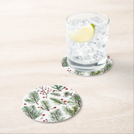 ホリデーウッドランドパイン&レッドベリーデザイン ラウンドペーパーコースター