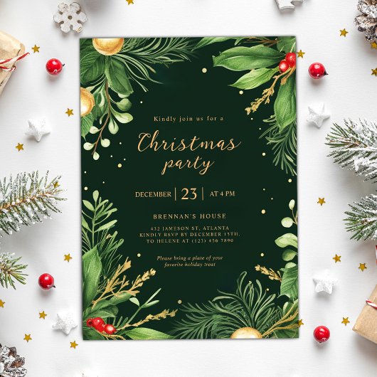 ホリデーエレガントグリーンリーボタニカルクリスマスパーティー 招待状