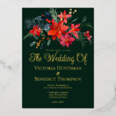 ホリデーエレガントフローラウィンターウェディンググリーン金ゴールド 箔招待状 (正面)