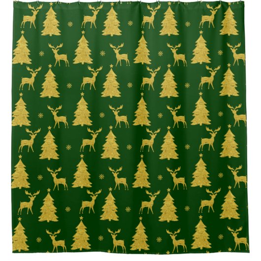 ホリデーエレガント金ゴールドクリスマスツリートナカイ シャワーカーテン (正面)