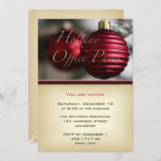 ホリデーオフィスパーティーレッドオーナメント招待状 招待状 (正面/裏面)