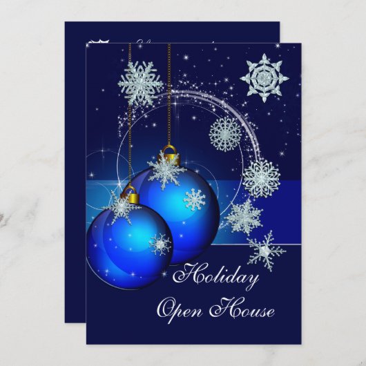 ホリデーオープンハウスパーティの招待状オーナメントブルー 招待状 (正面/裏面)