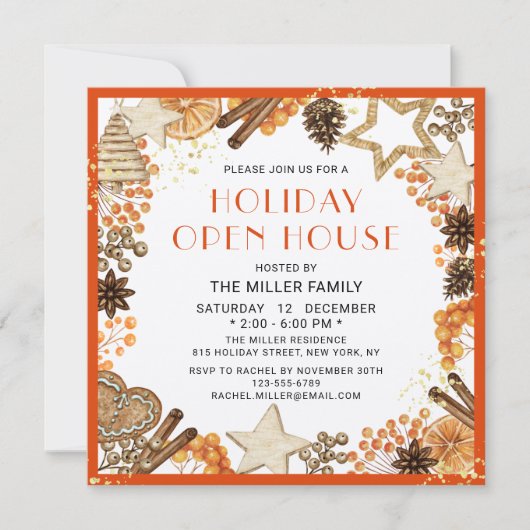 ホリデーオープンハウス素朴シトラスオレンジウォーターカラー 招待状 (正面)