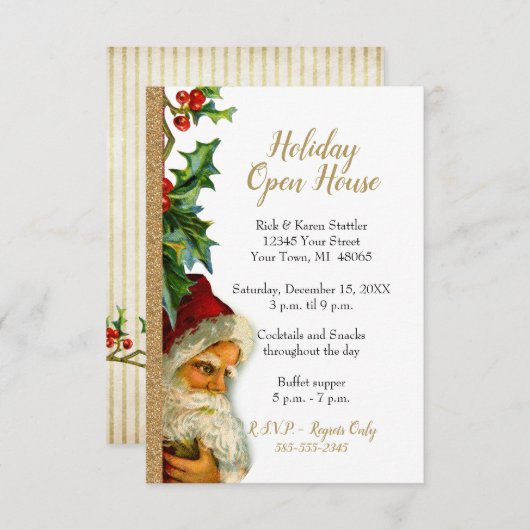 ホリデーオープンハウス金ゴールドグリッターサンタホリー 招待状 (正面/裏面)