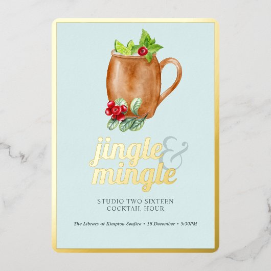 ホリデーカクテルパーティージングル&ミングル金ゴールド 箔招待状 (正面)