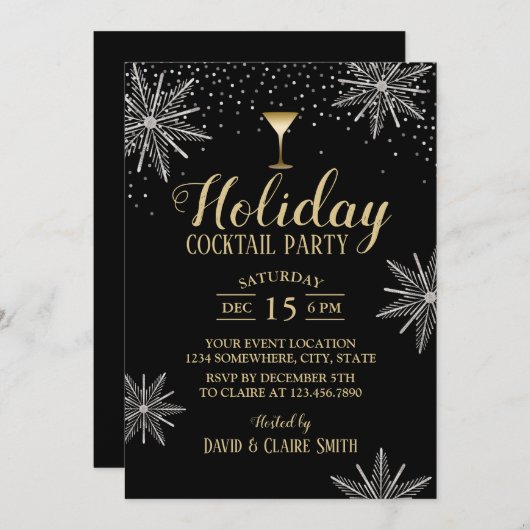 ホリデーカクテルパーティーモダンシルバースノーフレーク 招待状 (正面/裏面)