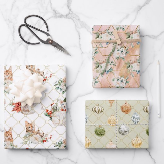 ホリデーキャッツ金ゴールド幾何学的フローラオーナメント ラッピングペーパーシート (正面)