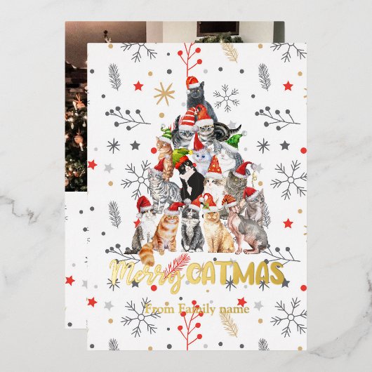 ホリデーキャットとキットンクリスマスツリーレッド 箔シーズンカード (正面/裏面)