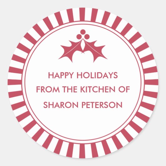 ホリデーキャニングラベル – レッドホリストライプのー ラウンドシール (正面)