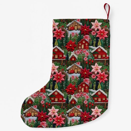 ホリデーキャビンクリスマスフローラフェイク刺繍 スモールクリスマスストッキング (裏面)