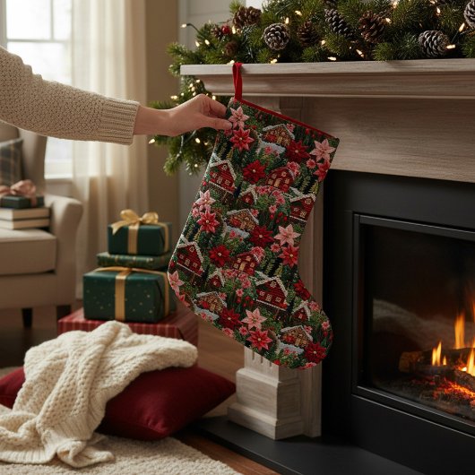 ホリデーキャビンクリスマスフローラフェイク刺繍 スモールクリスマスストッキング