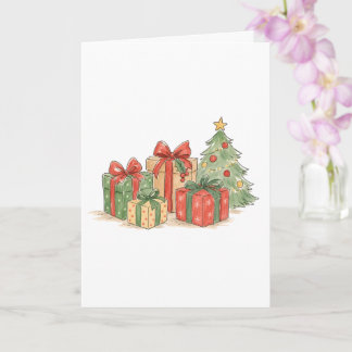 ホリデーギフトのためのクリスマスツリーと積まれたプレゼント カード