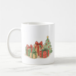 ホリデーギフトのためのクリスマスツリーと積まれたプレゼント コーヒーマグカップ