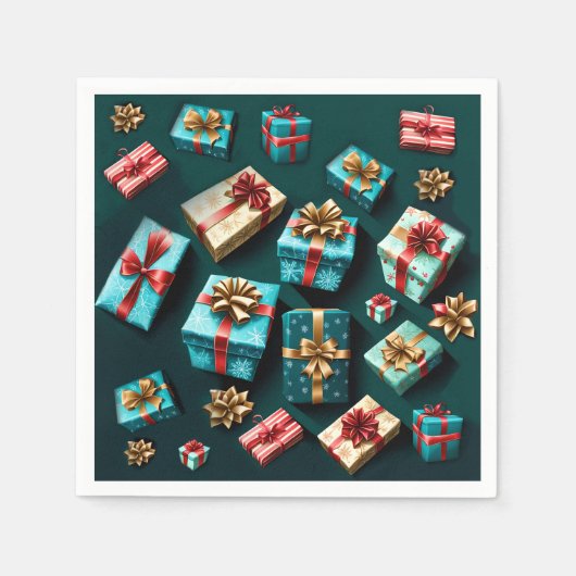 ホリデーギフトスタイリッシュラップ金ゴールドブルーレッド スタンダードカクテルナプキン (正面)