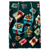 ホリデーギフトスタイリッシュラップ金ゴールドブルーレッド ミディアムペーパーバッグ (正面)