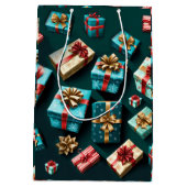 ホリデーギフトスタイリッシュラップ金ゴールドブルーレッド ミディアムペーパーバッグ (裏面)