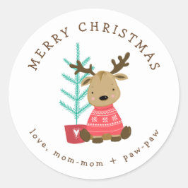 ホリデーギフトラベルスタンプ、かわいいトナカイ+ツリー ラウンドシール