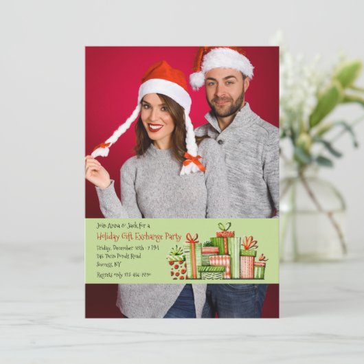 ホリデーギフト交換パーティー写真招待状 招待状 (スタンド正面)