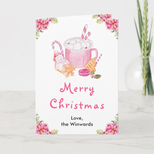 ホリデークッキーとココアピンクメリークリスマス シーズンカード (正面)